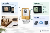 Схема личного архива шахматных партий: онлайн-игры и очные партии объединяются в переносимую базу с резервной копией