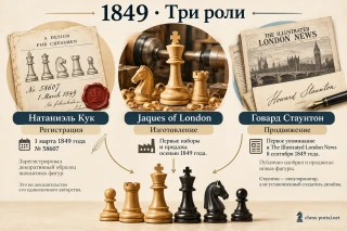Три роли в появлении фигур Стаунтона в 1849 году: регистрация дизайна Натаниэлем Куком, производство Jaques of London и популяризация Говардом Стаунтоном