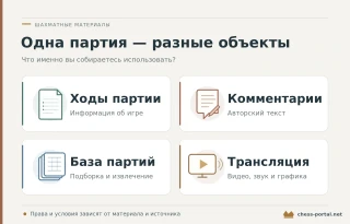 Четыре вида шахматных материалов: ходы партии, авторские комментарии, база данных и трансляция