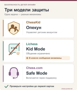 Сравнение защиты детских аккаунтов ChessKid, Lichess и Chess.com: опекун, Kid Mode и Safe Mode