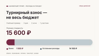 Учебный пример бюджета шахматной поездки: из 15 600 рублей турнирный взнос составляет 1 500 рублей, остальные расходы — 14 100 рублей