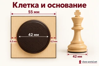 Сравнение размеров шахматной клетки 55 мм и основания короля 42 мм