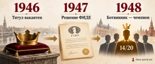 1946 — титул чемпиона мира вакантен; 1947 — решение ФИДЕ; 1948 — победа Ботвинника с результатом 14 из 20 очков.  Копировать