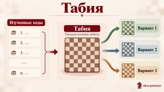 Табия в шахматах: схема перехода от известных дебютных ходов к типовой позиции, из которой возникают несколько вариантов продолжения игры.