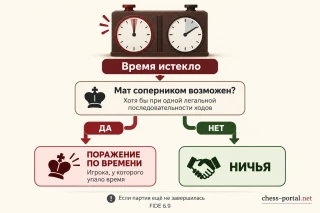 Схема определения результата партии при просрочке времени по правилу FIDE 6.9