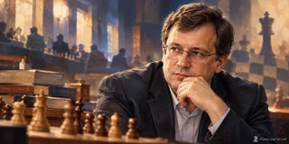 Стилизованный портрет Алексея Дреева на фоне шахматного турнира