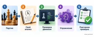 Схема самостоятельной шахматной тренировки: анализ партии, проверка движком, упражнение и закрепление навыка