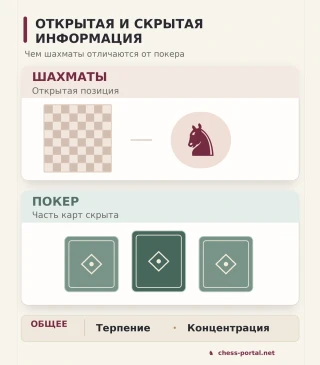 Сравнение шахмат и покера: открытая позиция и скрытая информация, общие навыки терпения и концентрации