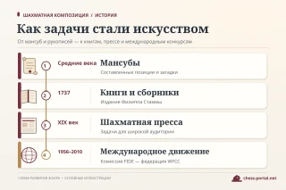 История шахматной композиции: средневековые мансубы, книги XVIII века, шахматная пресса XIX века и международные организации.