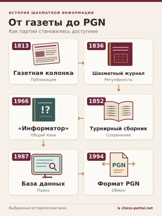 Основные этапы распространения шахматных партий: от газетной колонки 1813 года до цифровых баз и формата PGN