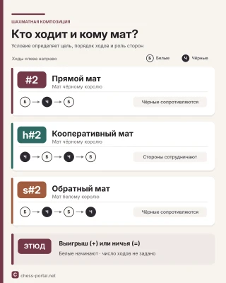 Сравнение условий #2, h#2, s#2 и этюда: порядок ходов белых и чёрных, цель и характер взаимодействия сторон