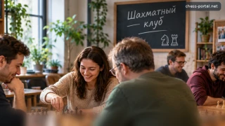 Любители шахмат играют и общаются на встрече шахматного клуба