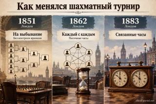 Развитие шахматных турниров: Лондон 1851 года — система на выбывание, Лондон 1862 года — круговая система и песочные часы, Лондон 1883 года — связанные механические часы