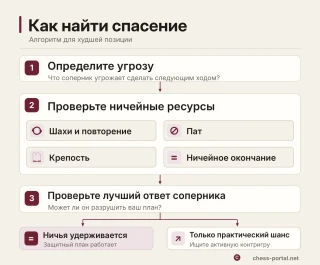 Схема поиска ничейных ресурсов в худшей шахматной позиции: оценка угрозы, проверка способов спасения и выбор защитного плана.