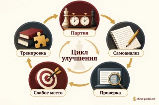 Цикл улучшения игры в шахматы: партия, самостоятельный анализ, проверка ошибок, выявление слабого места и целевая тренировка