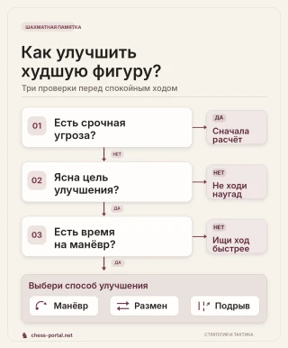 Схема выбора шахматного плана: проверка угроз, цели улучшения фигуры и времени на манёвр