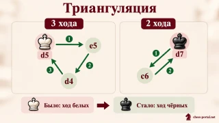 Триангуляция в шахматах: белый король проходит маршрут d5–e5–d4–d5 за три хода, чёрный возвращается d7–c6–d7 за два хода. Очередь переходит к чёрным.