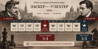 Ход матча Ласкер — Шлехтер 1910: после девяти партий Шлехтер вел 5:4, итог 5:5