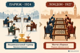 Париж 1924 года — индивидуальный турнир с зачетом по странам; Лондон 1927 года — первая официальная шахматная Олимпиада с командными матчами