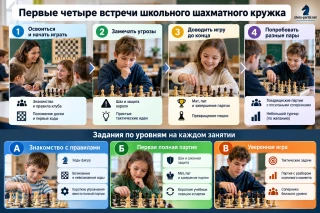 Первые четыре занятия школьного шахматного кружка и задания для трёх уровней подготовки