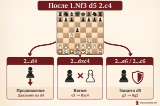 Три основных ответа черных в дебюте Рети после 1.Nf3 d5 2.c4: продвижение d4, взятие dxc4 и защита пешки d5