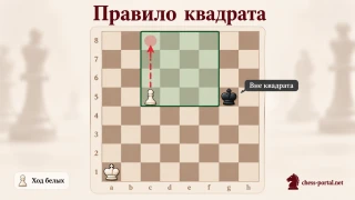 Правило квадрата в шахматах: белая пешка на c5, квадрат с углами c5, f5, f8 и c8, чёрный король g5 вне квадрата.