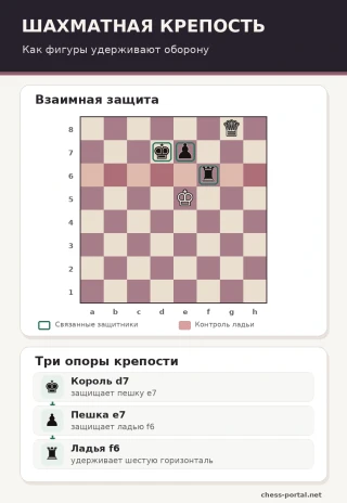 Шахматная крепость: король d7 защищает пешку e7, пешка e7 защищает ладью f6, ладья контролирует шестую горизонталь