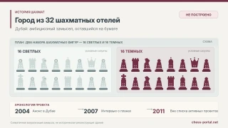 Схема нереализованного проекта 32 шахматных гостиниц в Дубае: 16 светлых и 16 темных зданий, основные даты 2004–2011 годов