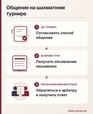 Порядок общения на шахматном турнире для игрока с нарушением слуха: согласование способа связи, письменные объявления и обращение к арбитру