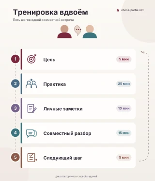Пять этапов часовой шахматной тренировки вдвоём: постановка цели, практика, личные заметки, совместный разбор и следующий шаг