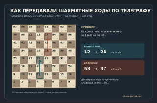 Историческая нумерация шахматных полей: 12–28 соответствует d2–d4, а 53–37 — e7–e5 в телеграфной записи 1844 года